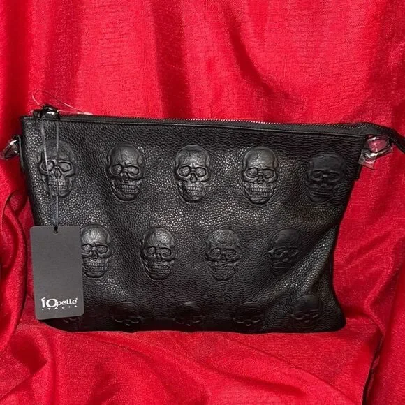Impeller Black Skull Embossed italian leather crossbody Bag